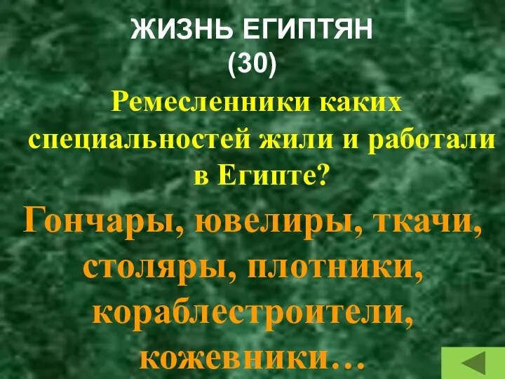 ЖИЗНЬ ЕГИПТЯН (30) Ремесленники каких специальностей жили и работали в Египте?