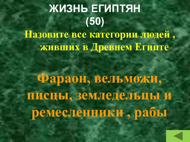 ЖИЗНЬ ЕГИПТЯН (50) Назовите все категории людей , живших в Древнем