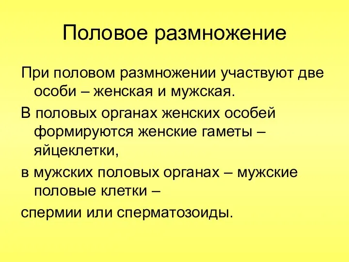 Половое размножение При половом размножении участвуют две особи – женская и