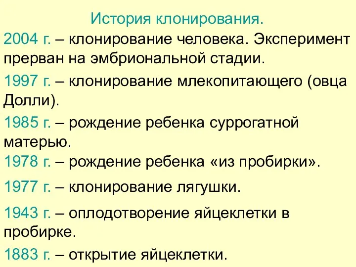 1883 г. – открытие яйцеклетки. 1943 г. – оплодотворение яйцеклетки в