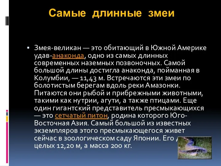 Самые длинные змеи Змея-великан — это обитающий в Южной Америке удав-анаконда,