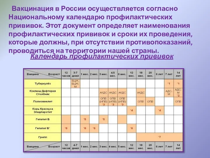 Вакцинация в России осуществляется согласно Национальному календарю профилактических прививок. Этот документ