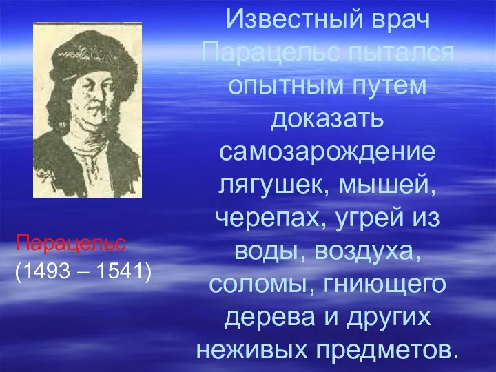 Известный врач Парацельс пытался опытным путем доказать самозарождение лягушек, мышей, черепах,