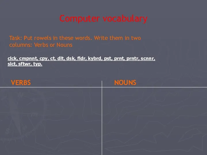 Computer vocabulary Task: Put rowels in these words. Write them in