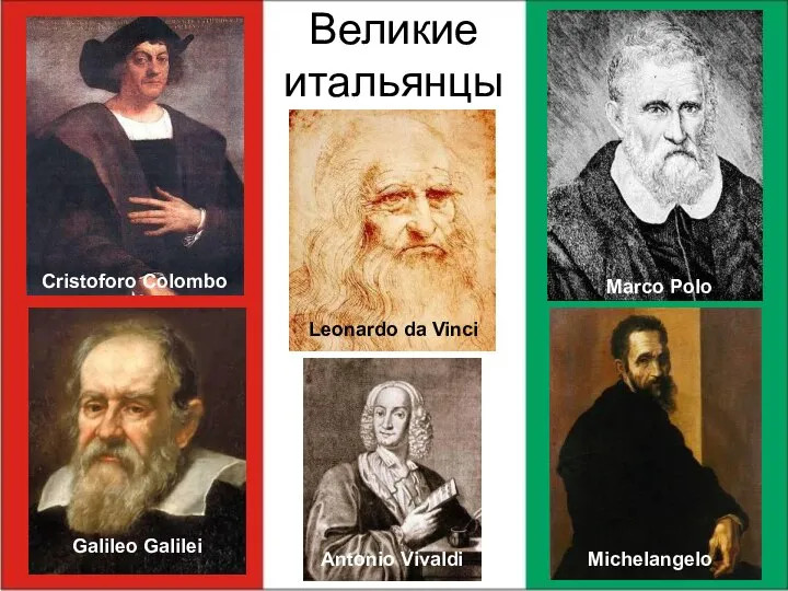 Великие итальянцы Cristoforo Colombo Marco Polo Galileo Galilei Leonardo da Vinci Michelangelo Antonio Vivaldi