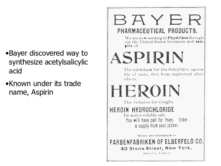 Bayer discovered way to synthesize acetylsalicylic acid Known under its trade name, Aspirin