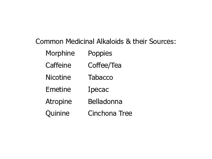 Common Medicinal Alkaloids & their Sources: Morphine Poppies Caffeine Coffee/Tea Nicotine