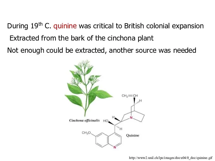 During 19th C. quinine was critical to British colonial expansion Extracted