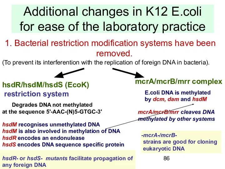 Additional changes in K12 E.coli for ease of the laboratory practice