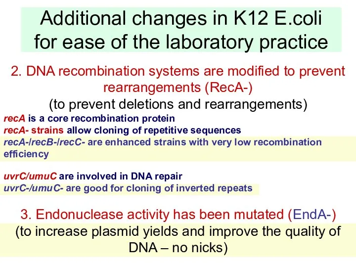 Additional changes in K12 E.coli for ease of the laboratory practice