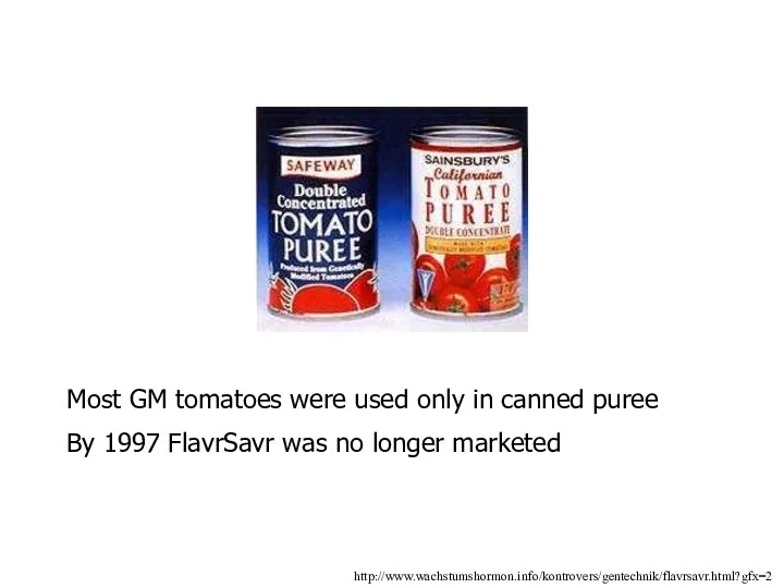 http://www.wachstumshormon.info/kontrovers/gentechnik/flavrsavr.html?gfx=2 Most GM tomatoes were used only in canned puree By