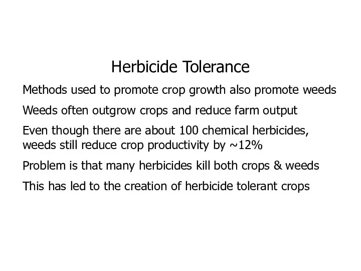 Herbicide Tolerance Methods used to promote crop growth also promote weeds
