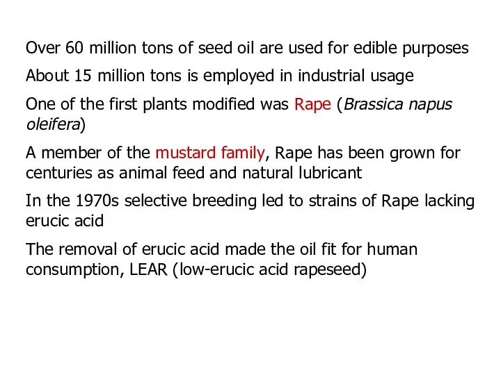 Over 60 million tons of seed oil are used for edible