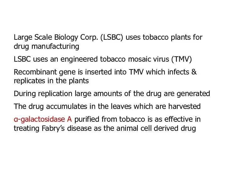 Large Scale Biology Corp. (LSBC) uses tobacco plants for drug manufacturing