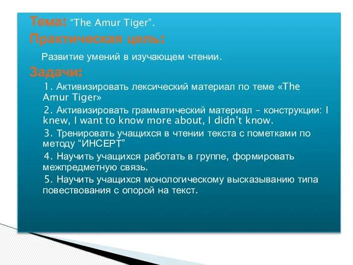 Тема: “The Amur Tiger”. Практическая цель: Развитие умений в изучающем чтении.