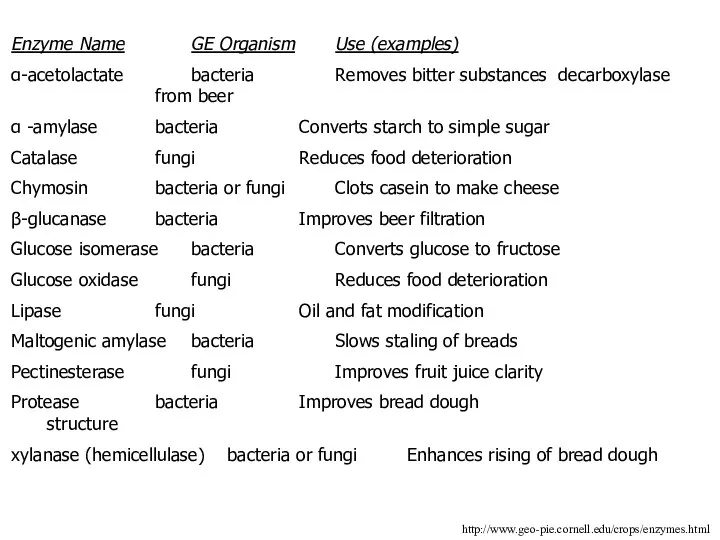 Enzyme Name GE Organism Use (examples) α-acetolactate bacteria Removes bitter substances