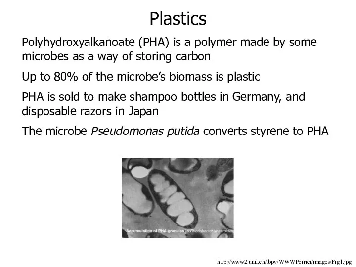 Plastics Polyhydroxyalkanoate (PHA) is a polymer made by some microbes as