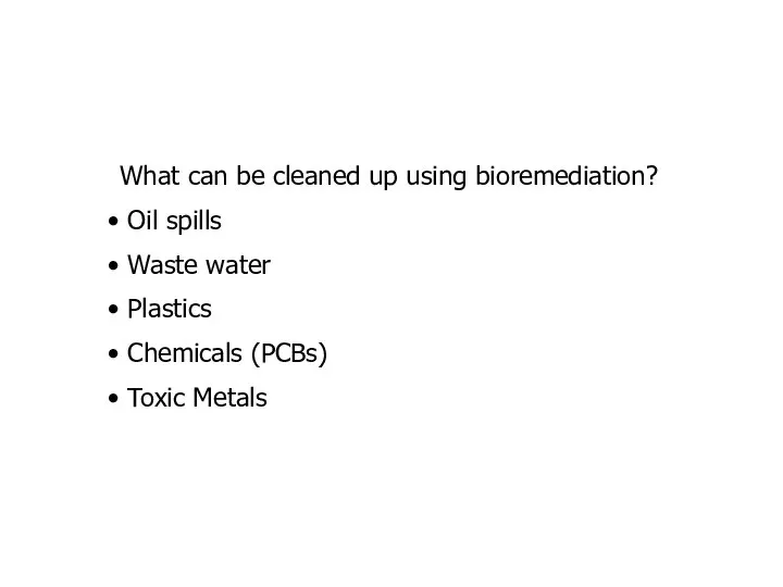 What can be cleaned up using bioremediation? Oil spills Waste water Plastics Chemicals (PCBs) Toxic Metals