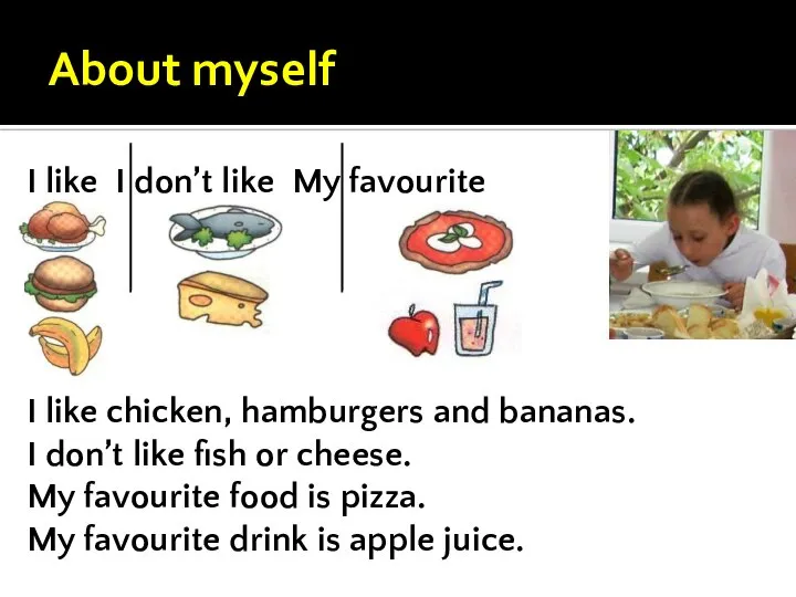 About myself I like chicken, hamburgers and bananas. I don’t like