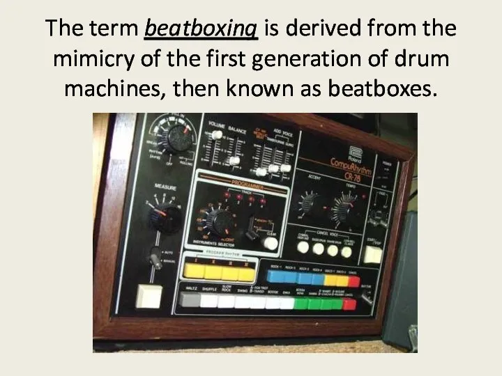 The term beatboxing is derived from the mimicry of the first