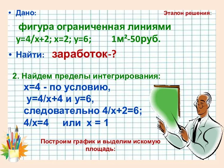 Дано: фигура ограниченная линиями y=4/x+2; x=2; y=6; 1м²-50руб. Найти: заработок-? 2.