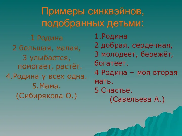 Примеры синквэйнов, подобранных детьми: 1 Родина 2 большая, малая, 3 улыбается,