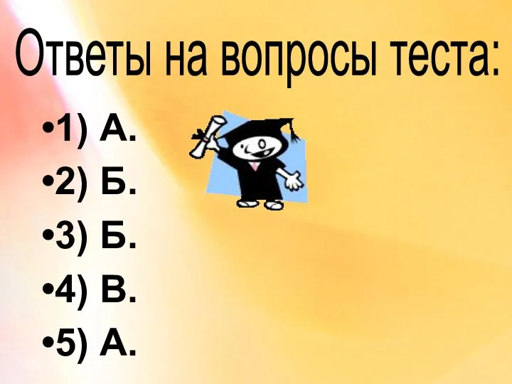 Ответы на вопросы теста: 1) А. 2) Б. 3) Б. 4) В. 5) А.