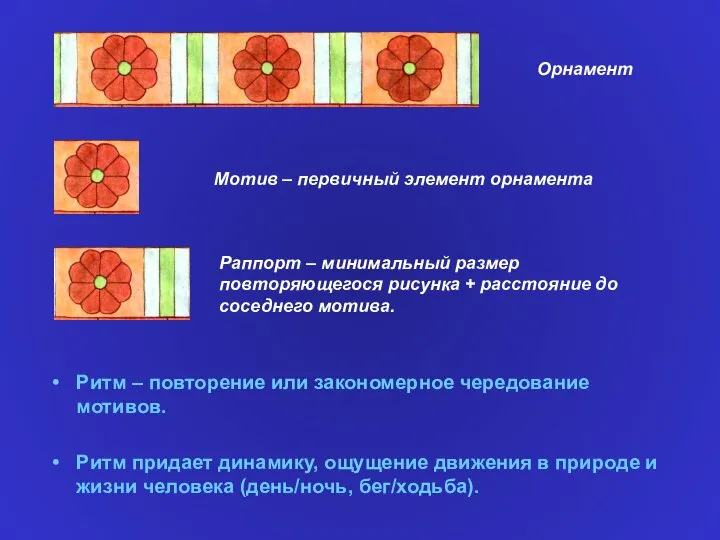 Ритм – повторение или закономерное чередование мотивов. Ритм придает динамику, ощущение