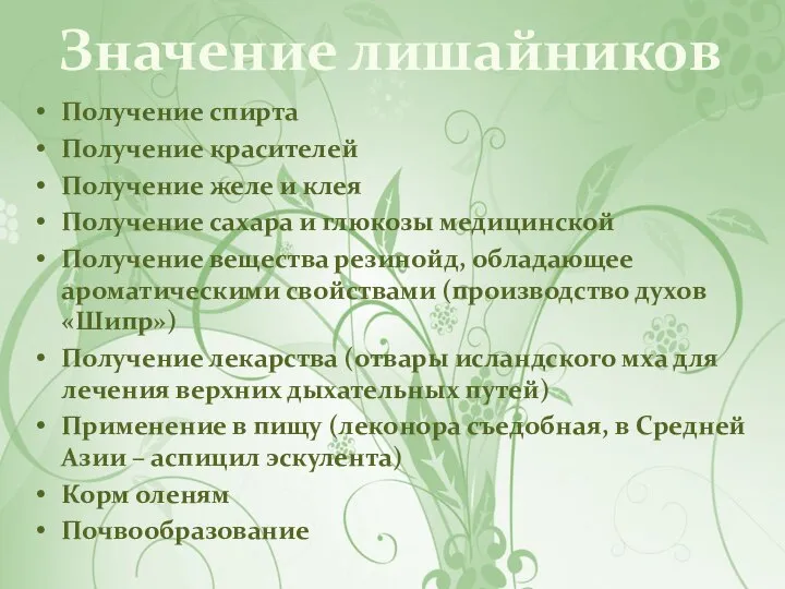 Значение лишайников Получение спирта Получение красителей Получение желе и клея Получение