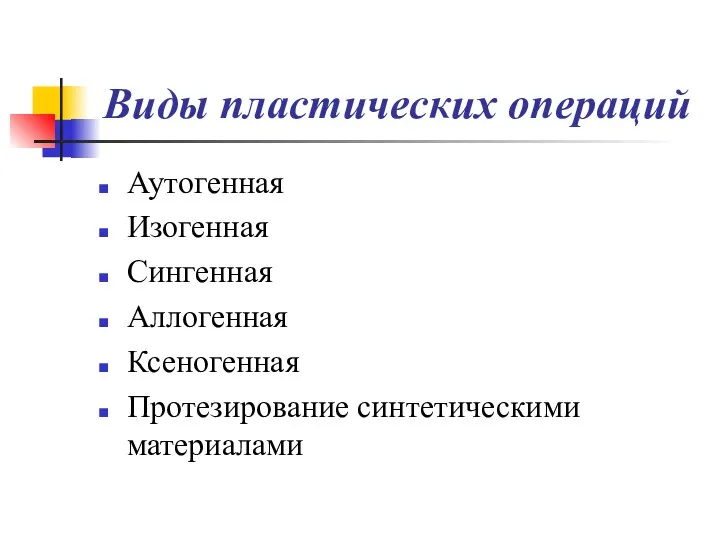 Виды пластических операций Аутогенная Изогенная Сингенная Аллогенная Ксеногенная Протезирование синтетическими материалами