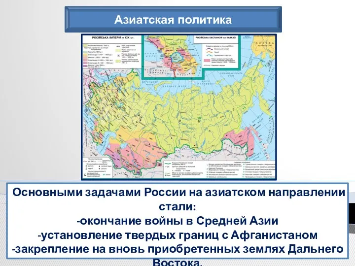 Азиатская политика Основными задачами России на азиатском направлении стали: -окончание войны