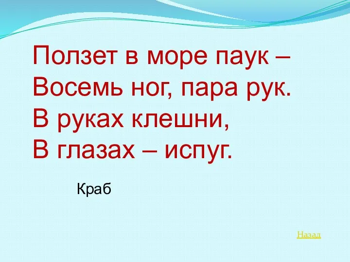 Назад Ползет в море паук – Восемь ног, пара рук. В