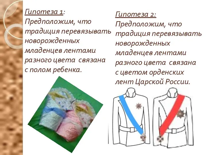 Гипотеза 1: Предположим, что традиция перевязывать новорожденных младенцев лентами разного цвета