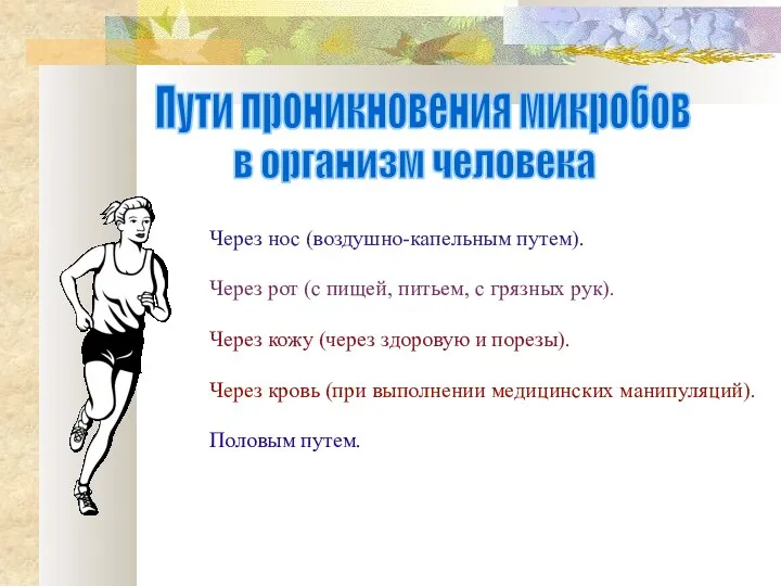 Пути проникновения микробов в организм человека Через нос (воздушно-капельным путем). Через