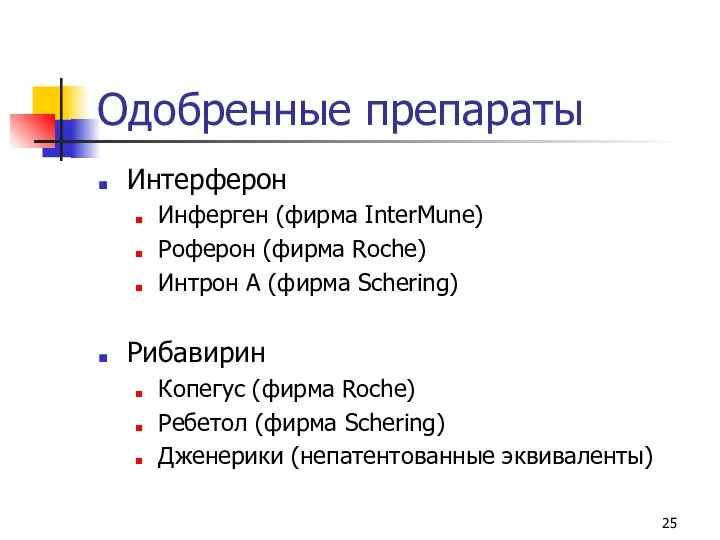 Одобренные препараты Интерферон Инферген (фирма InterMune) Роферон (фирма Roche) Интрон A