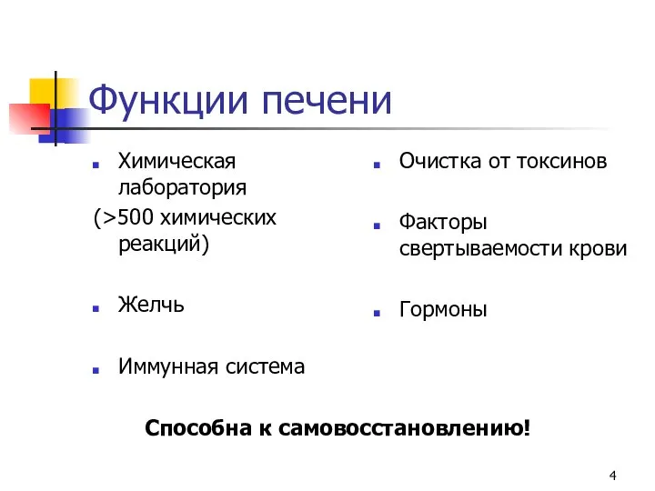 Функции печени Химическая лаборатория (>500 химических реакций) Желчь Иммунная система Очистка