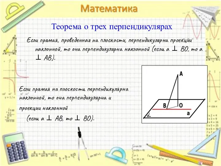 Теорема о трех перпендикулярах Если прямая, проведенная на плоскости, перпендикулярна проекции