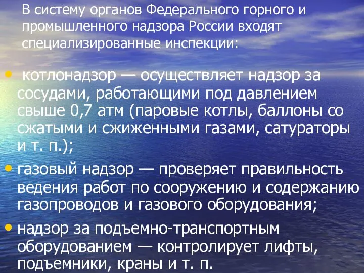 В систему органов Федерального горного и промышленного надзора России входят специализированные