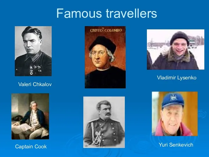 Famous travellers Valeri Chkalov Vladimir Lysenko Captain Cook Yuri Senkevich