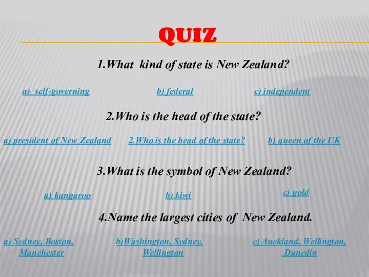 QUIZ 1.What kind of state is New Zealand? a) self-governing b)