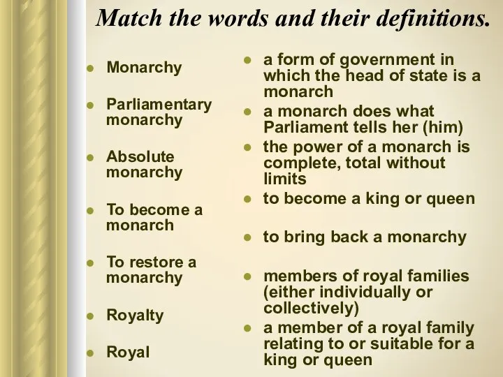 Match the words and their definitions. Monarchy Parliamentary monarchy Absolute monarchy