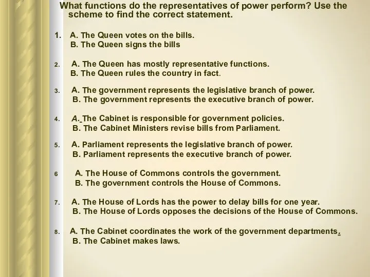 What functions do the representatives of power perform? Use the scheme