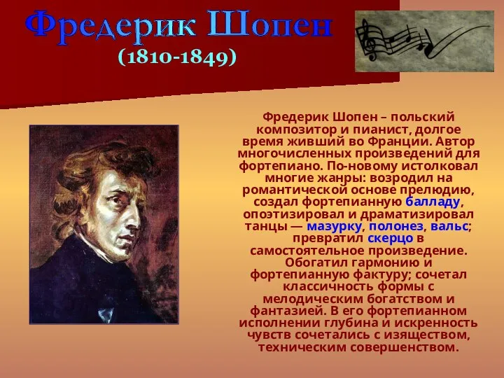 Фредерик Шопен – польский композитор и пианист, долгое время живший во
