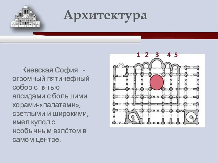Киевская София - огромный пятинефный собор с пятью апсидами с большими