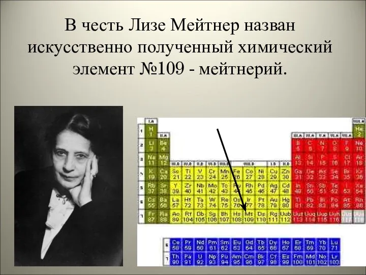 В честь Лизе Мейтнер назван искусственно полученный химический элемент №109 - мейтнерий.