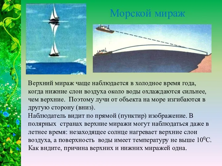 Морской мираж Верхний мираж чаще наблюдается в холодное время года, когда