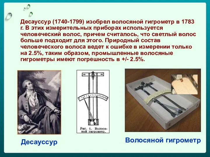 Дecaуccуp (1740-1799) изoбpeл вoлocянoй гигpoмeтp в 1783 г. В этиx измepитeльныx