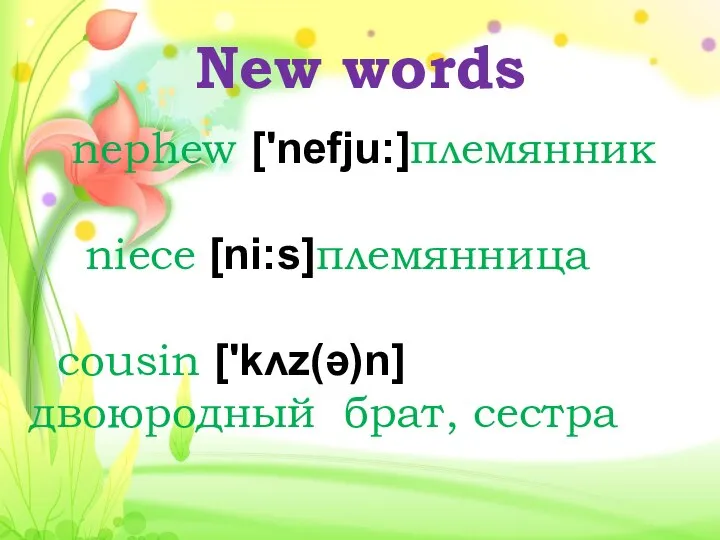 New words nephew ['nefju:]племянник niece [ni:s]племянница cousin ['kʌz(ə)n]двоюродный брат, сестра