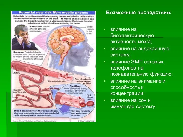 влияние на биоэлектрическую активность мозга; влияние на эндокринную систему; влияние ЭМП