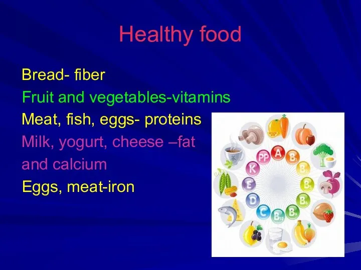 Healthy food Bread- fiber Fruit and vegetables-vitamins Meat, fish, eggs- proteins